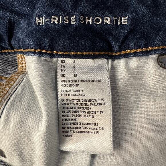 American Eagle SZ 6 Hi-Rise Shortie Jean Shorts Stretch Frayed Hems Zip-Fly Blue - Picture 6 of 7